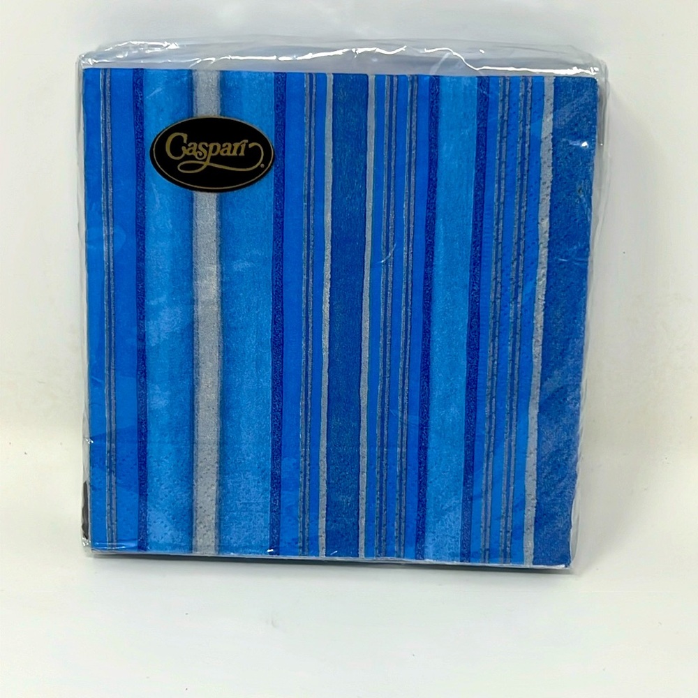 NWT Caspari Triple-ply Cocktail Napkins, Blue & Silver Striped,20 count, 5” x 5”